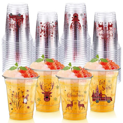 Christmas Buffalo Plaid Plastic Cups 12 Oz - Merry Christmas Party Supplies (50 Pack)
