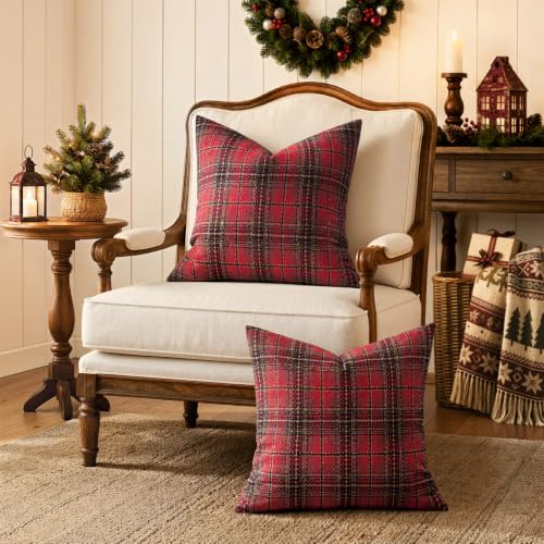 MIULEE Red Tartan Plaid Throw Pillow Covers 20x20 Inch Set of 2 Christmas Home Decor