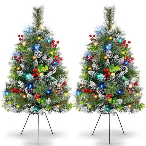 30 Inch Outdoor Christmas Tree Set with Lights - 2 Pack Prelit Holiday Decor