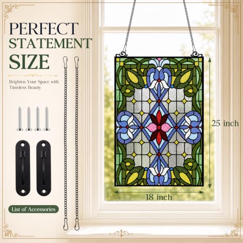 Blue Floral Stained Glass Window Panel - 25 x 18 Inches Home Decor