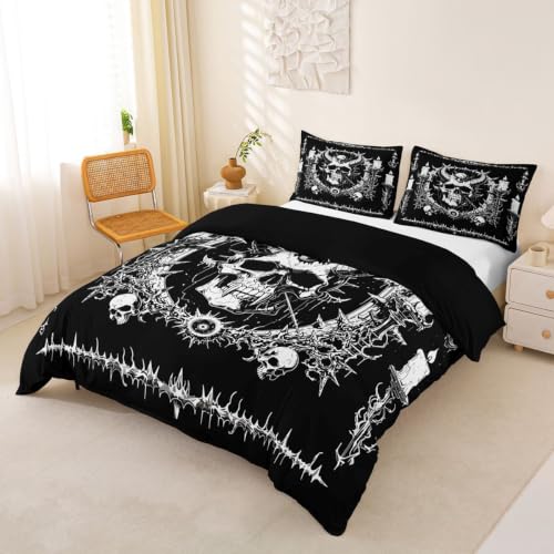 Gothic Skull Duvet Cover Set Full Size Horror Bedding with Moon Skeleton Design for Kids & Teens - No Comforter