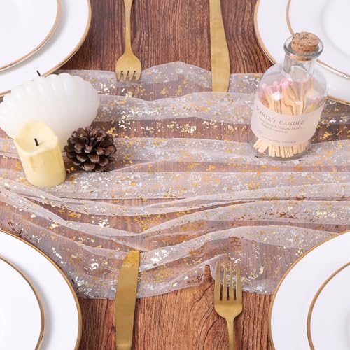 Beige Gold 10ft Sheer Glitter Metallic Gauze Table Runner for Weddings & Events
