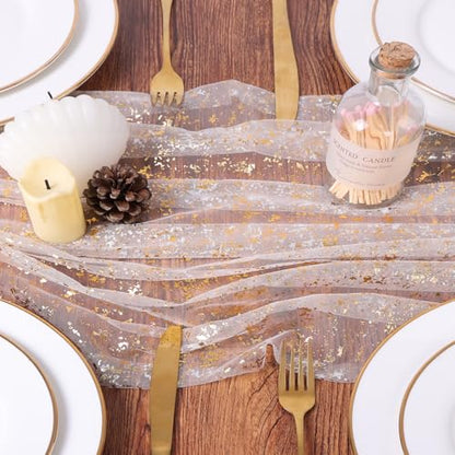 Beige Gold 10ft Sheer Glitter Metallic Gauze Table Runner for Weddings & Events