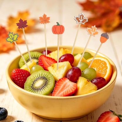Fall Color Cocktail Picks Set 120 Pcs Leaves Pumpkins Acorns Toothpicks