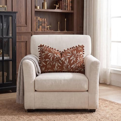 Orange Floral Decorative Pillow Cover 14x24 Inch Chenille Velvet Lumbar Cushion with Pom Poms