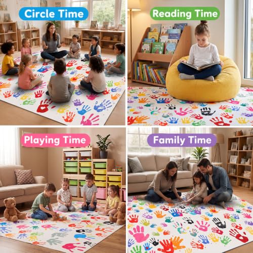 Colorful Handprints Classroom Rug 6x9 ft Washable Playroom Mat - Large Area Rug for School
