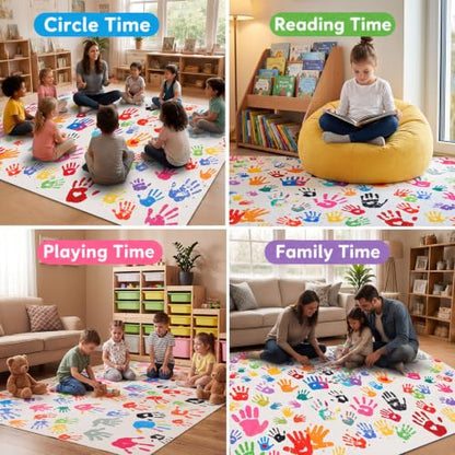 Colorful Handprints Classroom Rug 6x9 ft Washable Playroom Mat - Large Area Rug for School