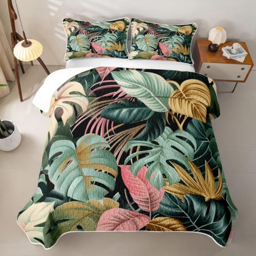 Castle Fairy Colorful Palm Leaf Quilt Set Queen Size Tropical Bedding with Pillow Shams - Green Pink Gold