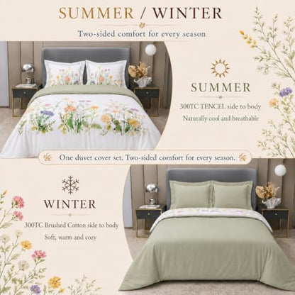Reversible Queen Duvet Cover Set with Cooling TENCEL & Brushed Cotton - Wildflower Meadow Sage Green, 3 Pieces