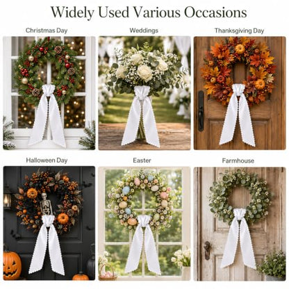 White Wreath Sash Set of 2 - Scalloped Ruffle Front Door Decor - White