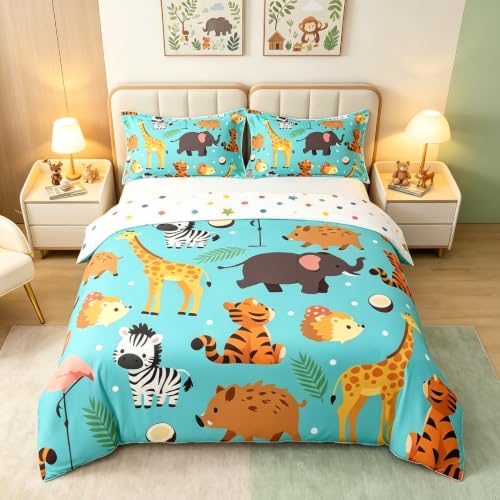 Blue Full Size Cartoon Animal Duvet Cover Set 3pcs - Tiger, Hedgehog, Zebra