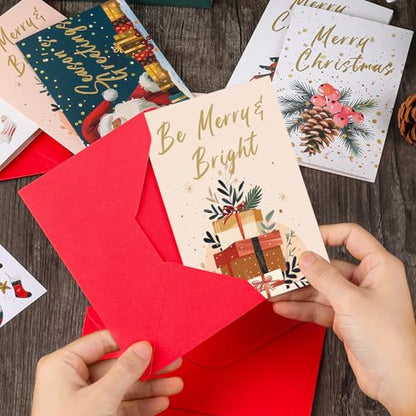 24 Holiday Christmas Cards with Red Envelopes & Stickers - Assorted Designs