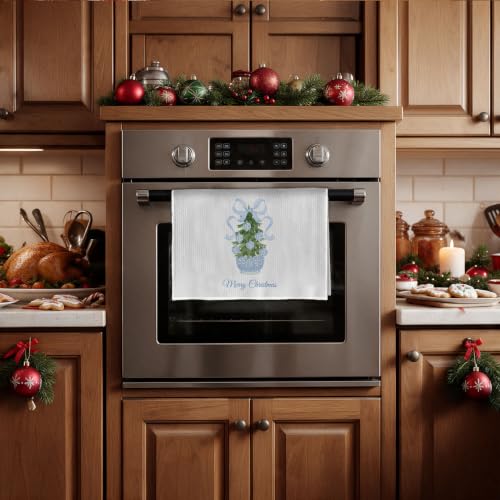 Christmas Tree Chinoiserie Kitchen Towels - Blue Coquette Bow Waffle Decor - 16x24 Inches - Holiday Home Decor - Variation of THIS listing