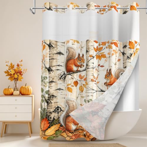 No Hook Fall Squirrel Fabric Shower Curtain with Snap-In Liner 71W x 71L - Squirrel Variation