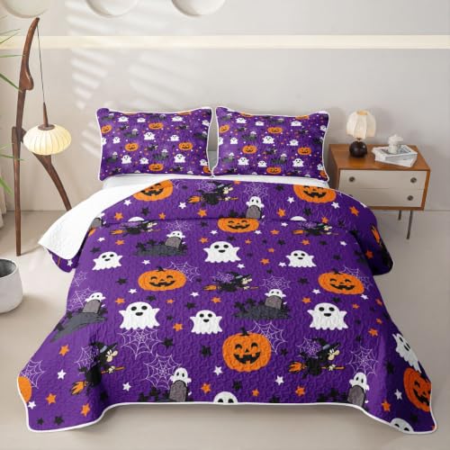 Halloween Quilt Set Black Purple Ghost & Pumpkin Bedding Twin Size with Pillowcases