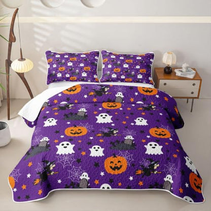 Halloween Quilt Set Black Purple Ghost & Pumpkin Bedding Twin Size with Pillowcases