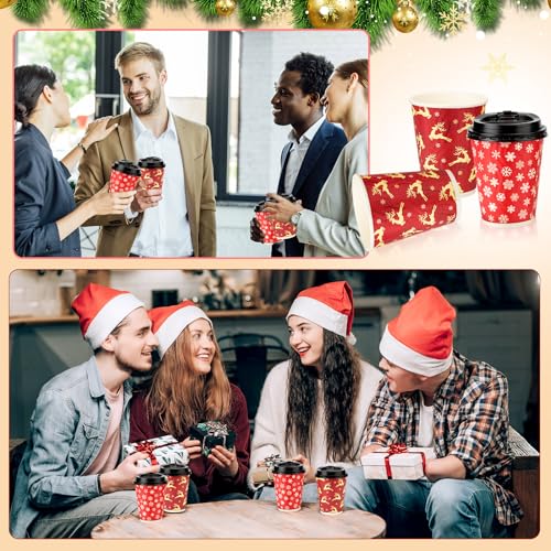 Christmas Cups with Lid 12oz Elk Snowflake Design - Pack of 100, Holiday Party Tableware
