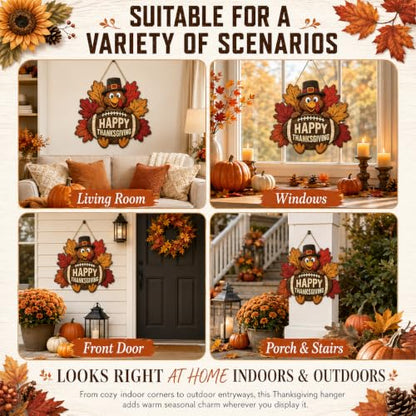 Thanksgiving Door Sign - Wooden Fall Decor with Turkey and Football Motif
