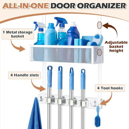 Over the Door Broom and Mop Holder with Adjustable Metal Basket Wall Mount