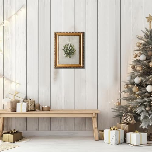 Uniro Vintage Gold Framed Wall Art - Christmas Mistletoe Oil Painting - Bunny Sketch Variation 12x9 Inches
