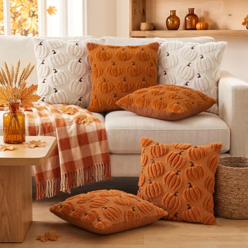 Orange Pumpkin Fall Pillow Covers 18x18 Set of 2 Plush Thanksgiving Decor
