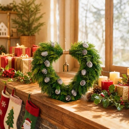 Green Heart Shaped Christmas Wreath with Gold Bells - 22 Inch Holiday Decor