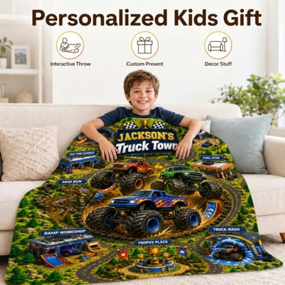 Blue Personalized Kids Blanket with Road Map Design - Boys Travel Throw