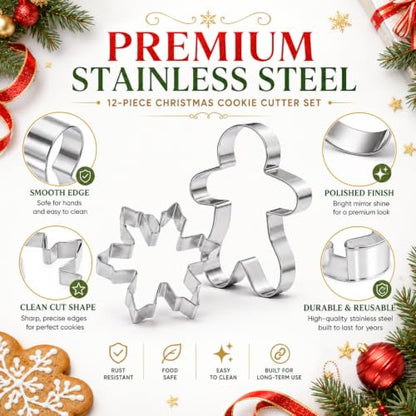 Christmas Cookie Cutter Set 12 Stainless Steel Holiday Baking Molds - Santa Snowman Tree
