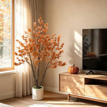 Artificial Fall Eucalyptus Tree 5FT - Indoor Outdoor Faux Tree with Natural Trunk - Fall Eucalyptus Variation