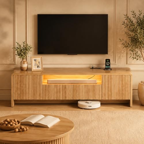 YESHOMY 70-Inch Fluted TV Stand for 55-75 Inch TVs, Oak Finish, Modern Media Console with RGB Lighting and Charging Station