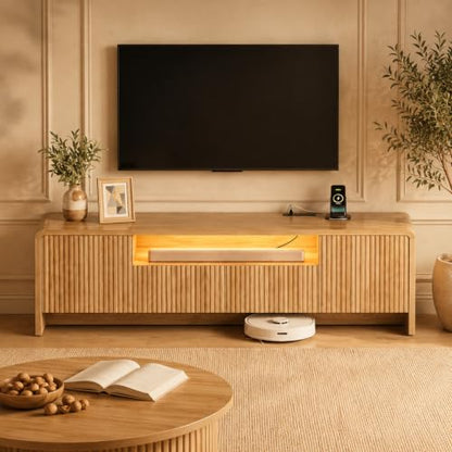 YESHOMY 70-Inch Fluted TV Stand for 55-75 Inch TVs, Oak Finish, Modern Media Console with RGB Lighting and Charging Station
