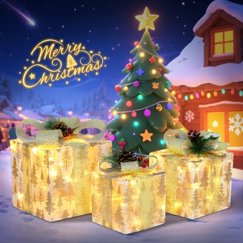 Nesting Christmas Lighted Gift Boxes Set of 3 with Metal Frame - Xmas Tree on Gauze Variation
