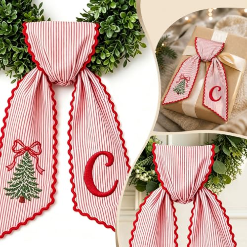 Christmas Wreath Sash for Front Door Red White Striped Fabric Bow with Printed Tree & Letter - Variation C