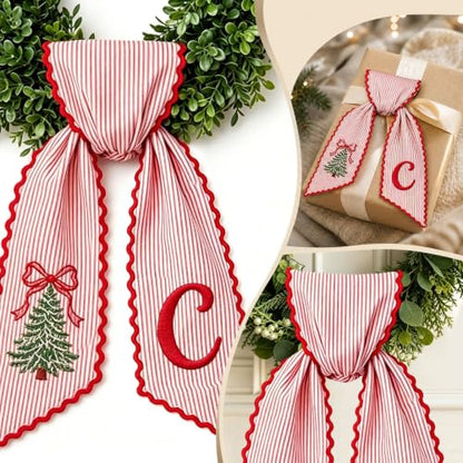 Christmas Wreath Sash for Front Door Red White Striped Fabric Bow with Printed Tree & Letter - Variation C
