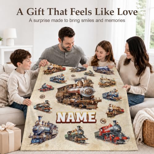 Personalized Boys Train Blanket - Brown Flannel Kids Throw