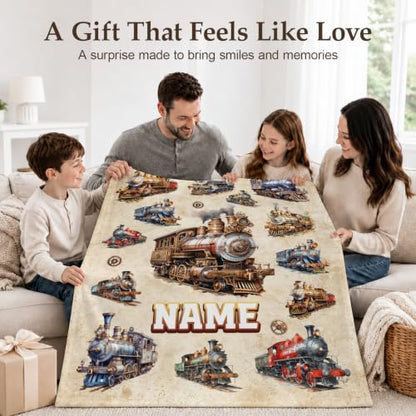 Personalized Boys Train Blanket - Brown Flannel Kids Throw