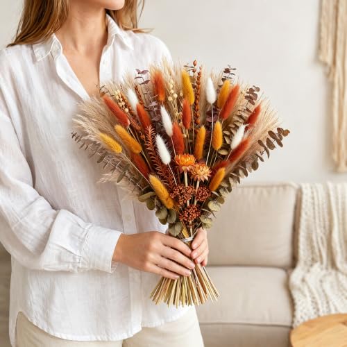 Umero Natural Dried Flower Bouquet - 17 Inch Boho Fall Pampas Grass - Orange Variation