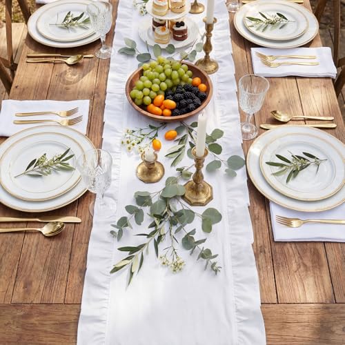 Farmhouse Ruffled Scalloped Table Runner 14 x 118 Inch White - Cotton Decor