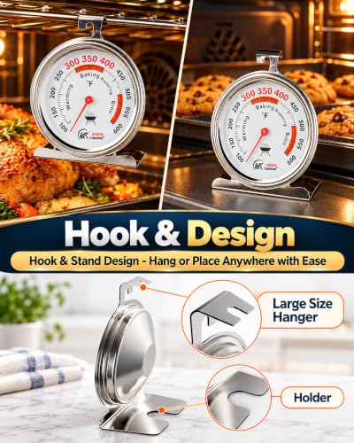 4-Zone Oven Dial Thermometer 3-Inch Large Dial, 100-600°F, Hook & Stand