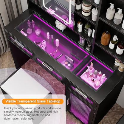 Hadulcet 43" Black Vanity Desk with Sliding Mirror, Lights, Power Outlets, 2 Drawers, 10 Shelves
