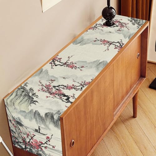 Japanese Table Runner - Ink Painting Plum Cherry Blossom Landscape, Rustic Asian Design, 13x36 Inches - Variation of THIS listing