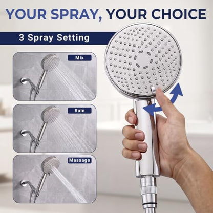 Chrome Metal 3-Spray Handheld Shower Head with Long Hose & Shut-Off