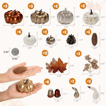 Fall Pumpkin Decor Set with Gold, Silver, White Artificial Pumpkins & Autumn Accessories - 52 Pieces