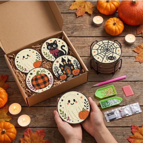 Halloween Diamond Art Coasters Set with Holder - Ghost Pumpkin Black Cat - DIY Wooden Craft Kit - Halloween Decorations & Gifts - Halloween-2
