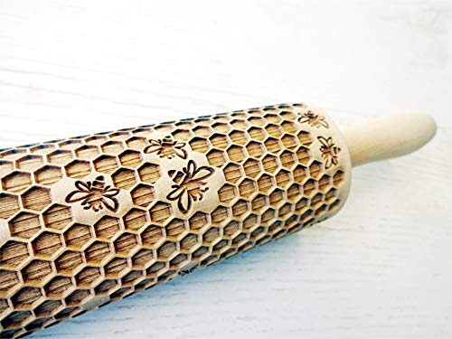 HONEYCOMB EMBOSSING ROLLING PIN LASER ENGRAVED ROLLING PIN WITH BEES PATTERN FOR HOMEMADE COOKIES