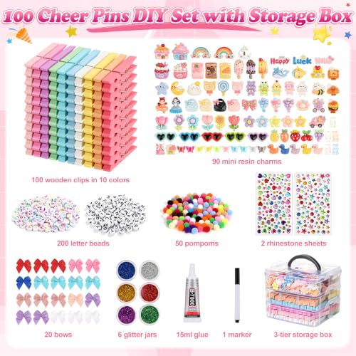 Cheer Pins Making Kit with 100 Macaron-Colored Clothes Pins and Charms for Backpacks & Crafts