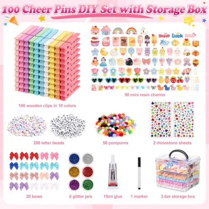 Cheer Pins Making Kit with 100 Macaron-Colored Clothes Pins and Charms for Backpacks & Crafts