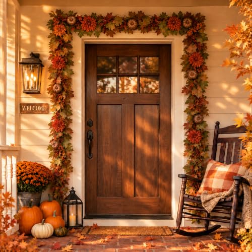 Fall Garland for Mantle 6FT Pumpkin Maple Leaves Autumn Decor - Fall