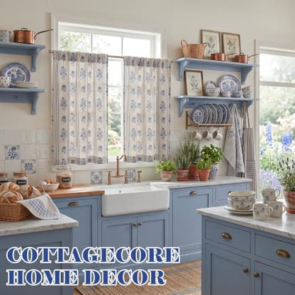 Blue Floral Linen Kitchen Tier Curtain Set - Farmhouse Decor, 24x36 Inches, Ruffled Hem