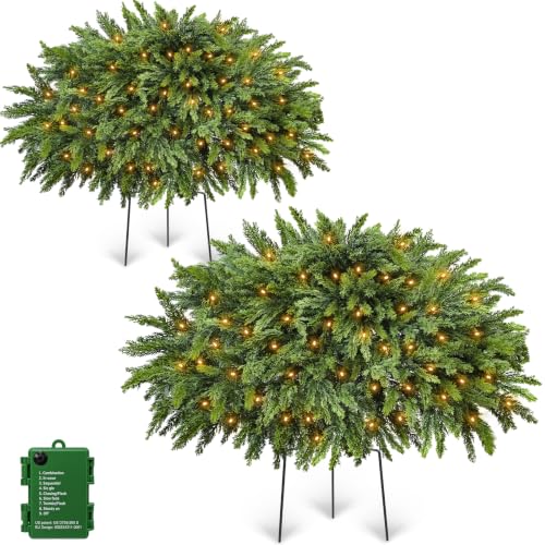 2 Pack 28-Inch Artificial Cedar Tree Urn Filler with Warm White LED Lights
